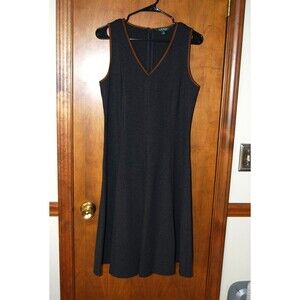 Ralph Lauren Grey  V Neck Sleevless Dress Size M Brown Suede Trim Full Skirt